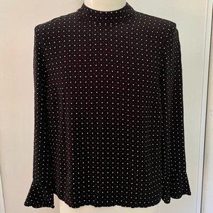 Zara Black with Red & White Dot Long Ruffle Hem Sleeve Mock Neck Blouse